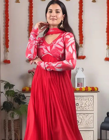 Heavy georgette with digital printed & embroidery lace gown