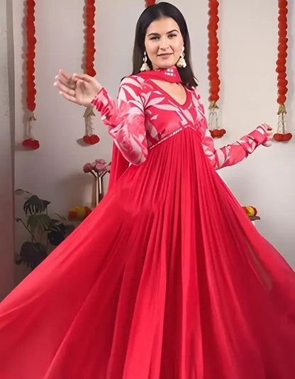 Heavy georgette with digital printed & embroidery lace gown