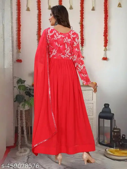 Heavy georgette with digital printed & embroidery lace gown