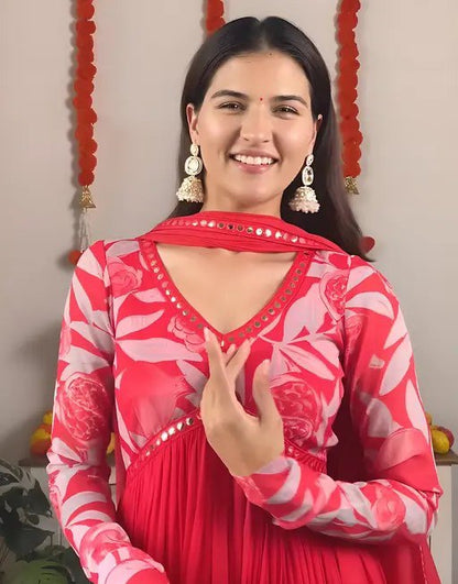 Heavy georgette with digital printed & embroidery lace gown