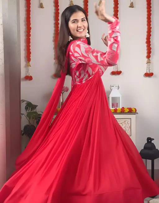 Heavy georgette with digital printed & embroidery lace gown