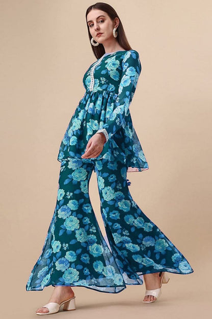 Blue printed kurta with sharara