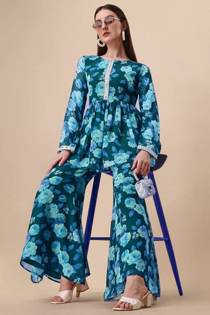 Blue printed kurta with sharara