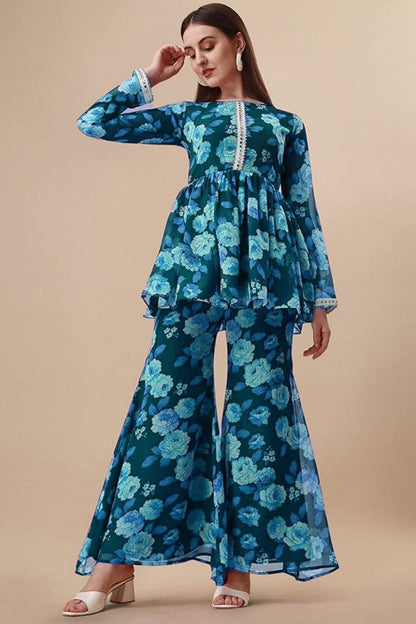 Blue printed kurta with sharara