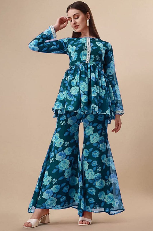 Blue printed kurta with sharara