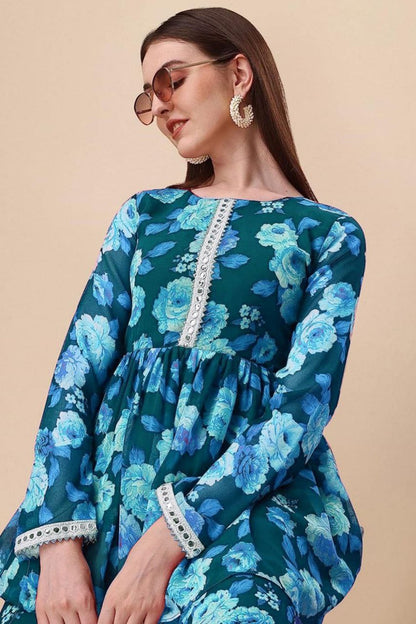 Blue printed kurta with sharara