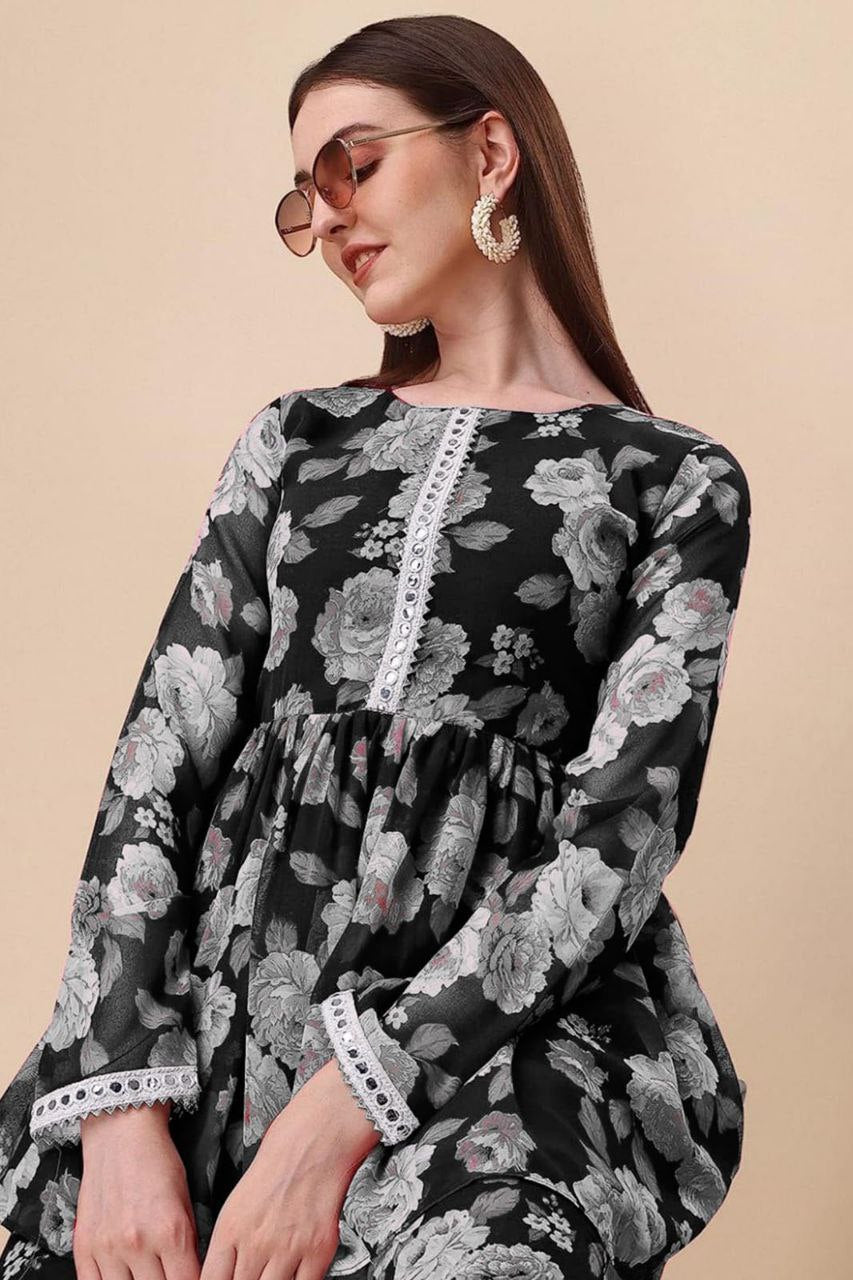 Black printed kurta with sharara