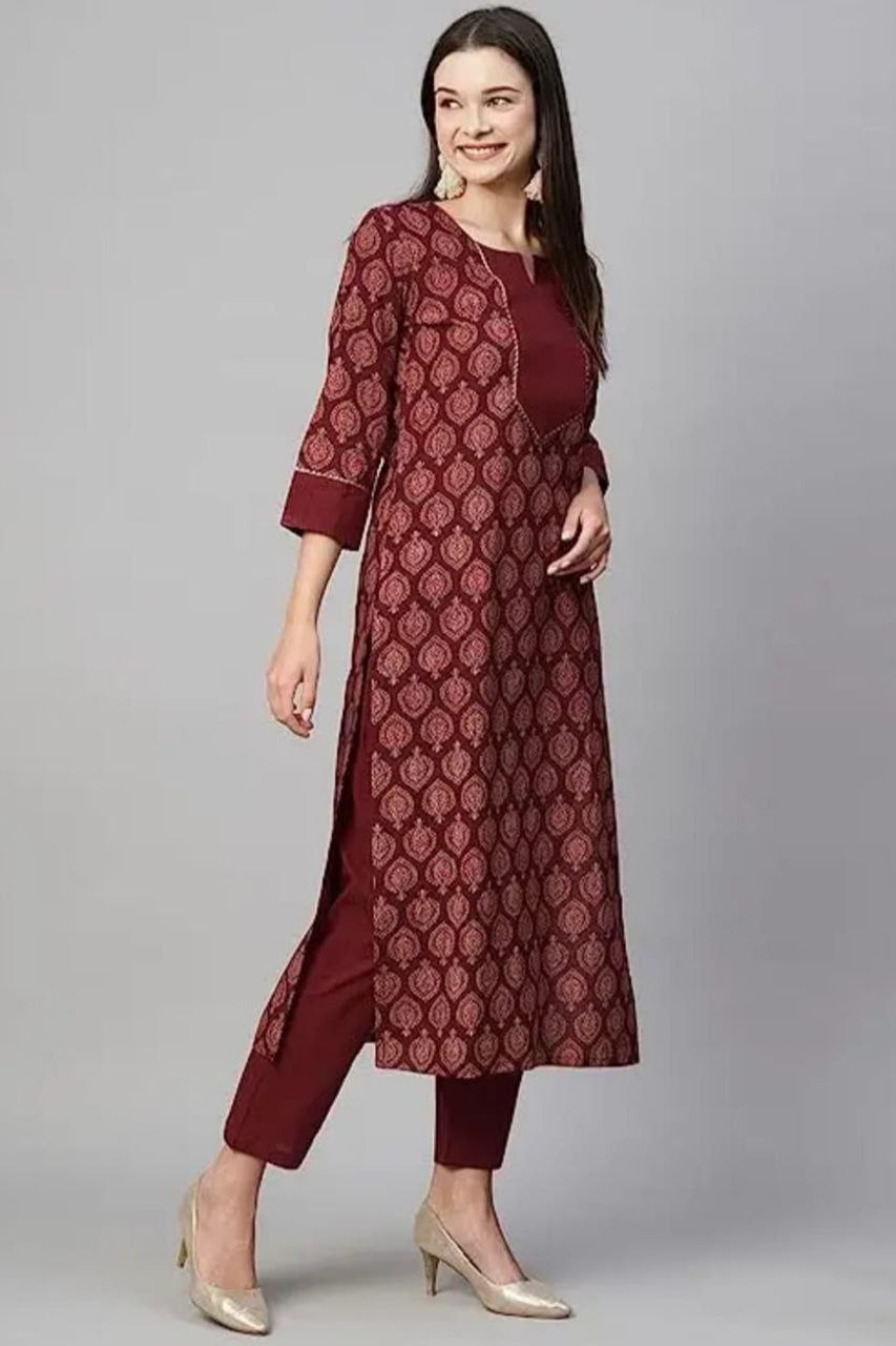 Maroon Cotton Printed Straight Kurta-pant