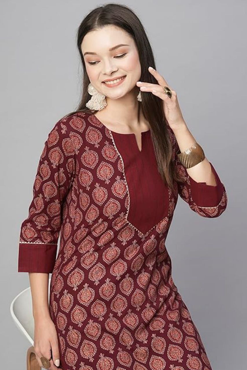 Maroon Cotton Printed Straight Kurta-pant