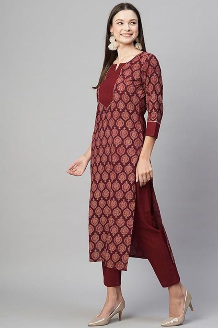Maroon Cotton Printed Straight Kurta-pant