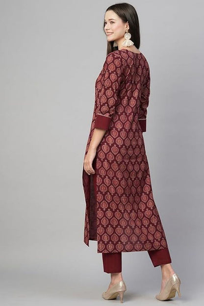 Maroon Cotton Printed Straight Kurta-pant