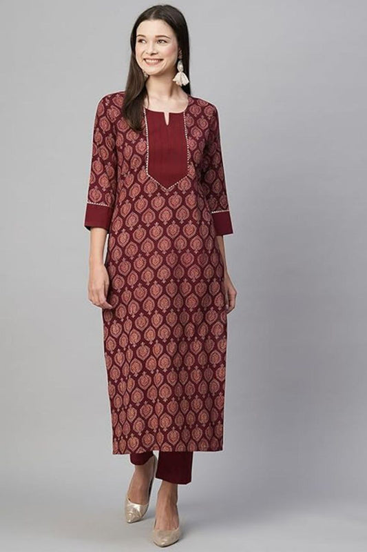 Maroon Cotton Printed Straight Kurta-pant