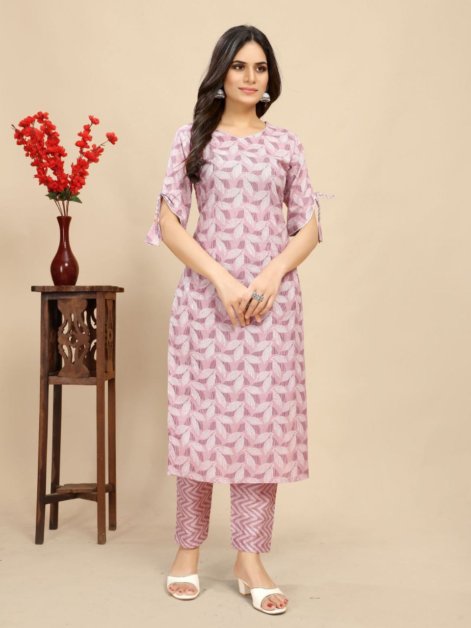 Pink pure Cotton leaf Printed Kurta Trouser set