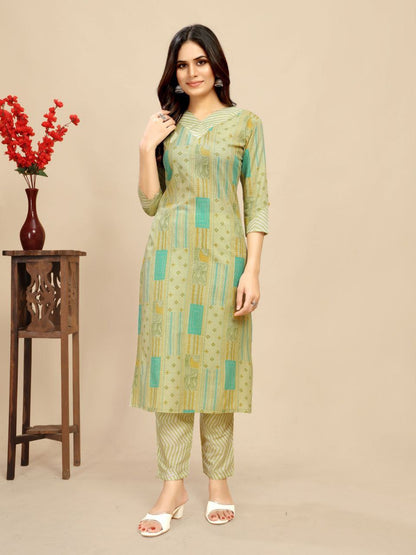 Green Cotton Floral Block Printed Kurti pair