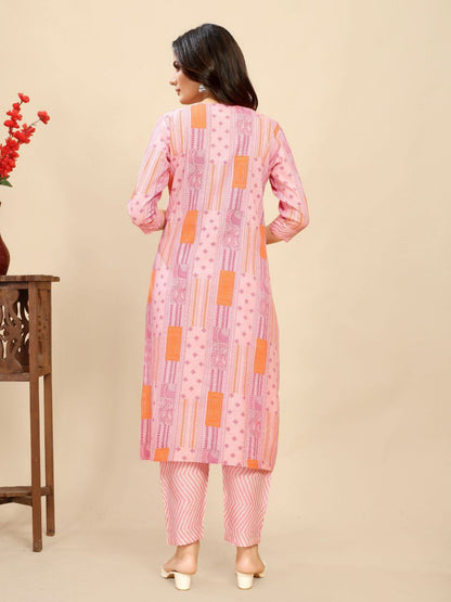 Pink Cotton Floral Block Printed Kurti pair