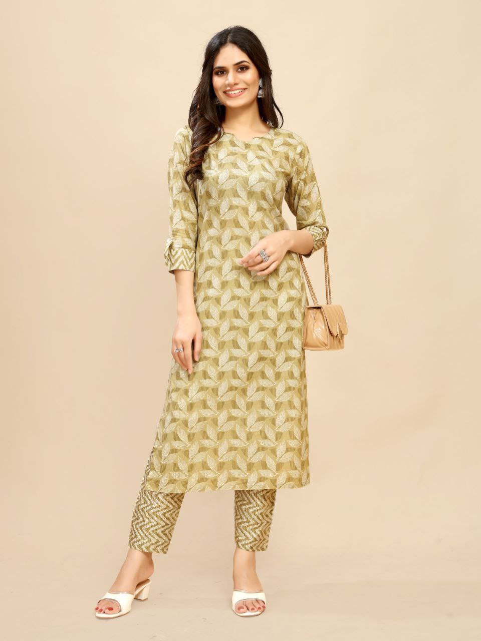 yellow beige pure Cotton leaf Printed Kurta Trouser set