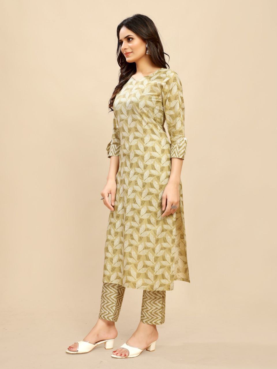 yellow beige pure Cotton leaf Printed Kurta Trouser set
