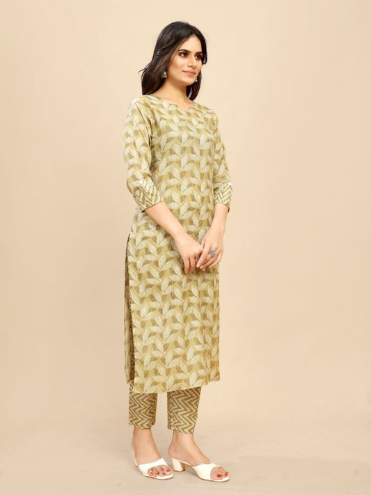yellow beige pure Cotton leaf Printed Kurta Trouser set