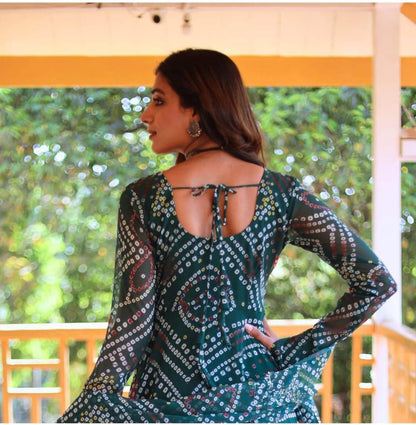 Green bandhani print  kurta with dupatta
