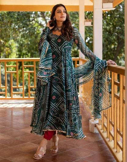Green bandhani print  kurta with dupatta