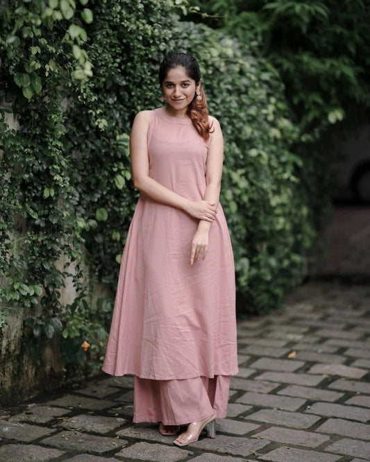 Peach soft  Cotton Solid Kurta Palazzo set